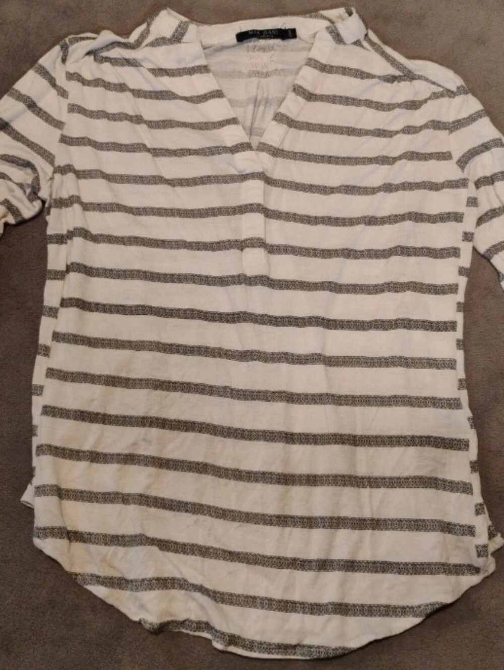MAX JEANS Striped Henley Blouse Roll Tab 3/4 Sleeve Top - S